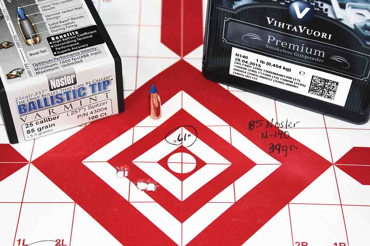 The best three-shot, 100-grain group resulting from Nosler’s 85 Ballistic Tip Varmint fired from the test rifle measured .61 inch, using 39 grains of Vihtavuori N140.